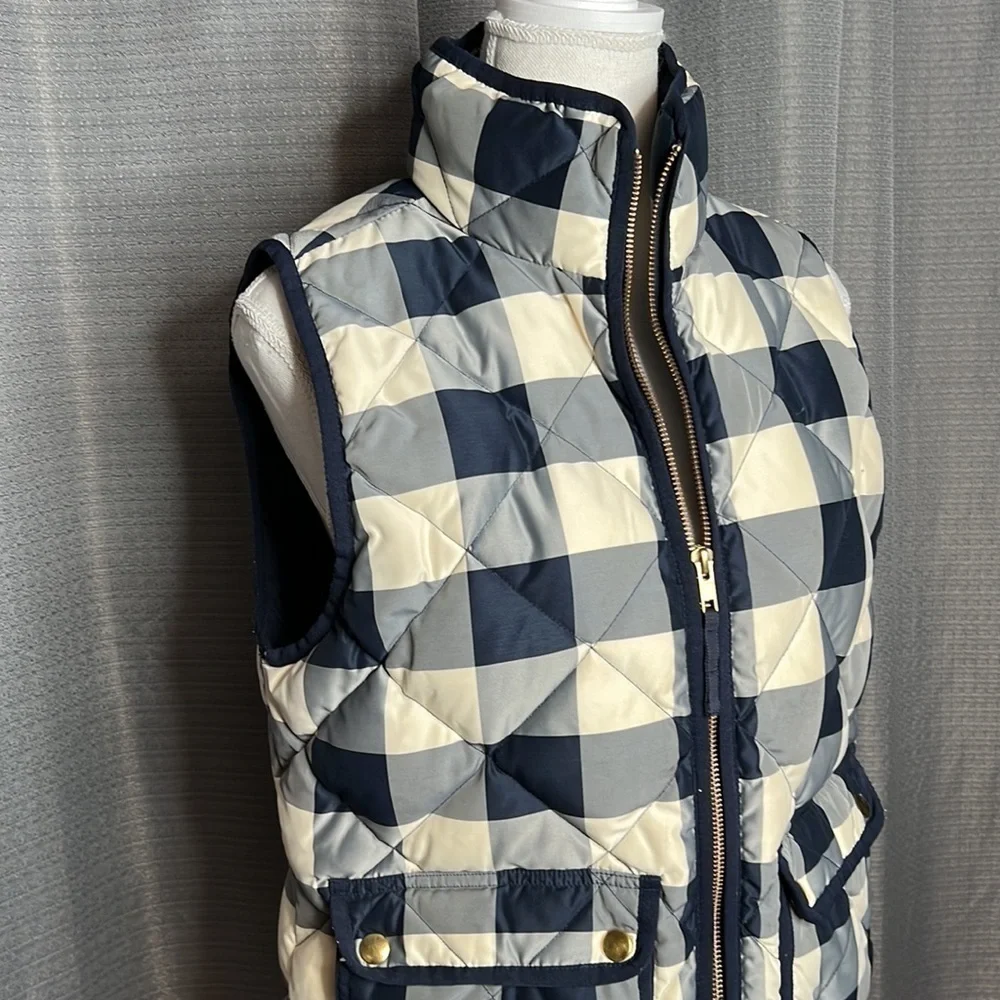 J. CREW SMALL BLUE AND CREAM PLAID DOWN PUFFER VEST